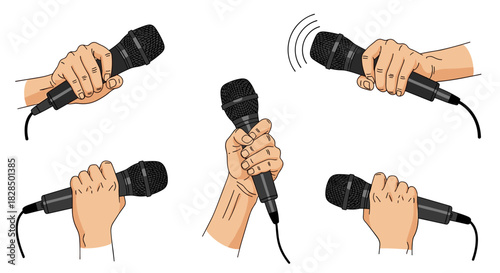 Multiple human hands grasping wired microphones, presented in various angles and orientations, with one microphone indicating sound emission.