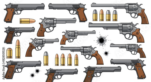 An assortment of realistic vector illustrations featuring various handguns, revolvers, automatic pistols, and ammunition with bullet holes.