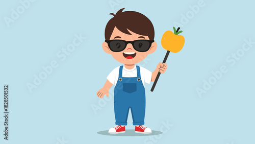 Cute cartoon boy in sunglasses holding a yellow fruit pop on a stick, happy summer illustration for kids