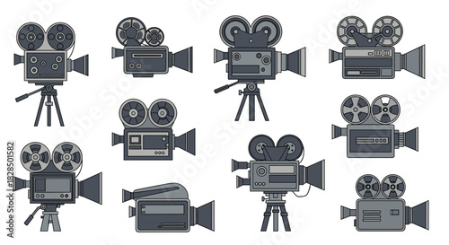 A collection of retro film cameras and movie cameras on tripods, showcasing various vintage video recording equipment designs.