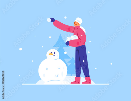 Illustration of a man throwing snowballs. A man in a red jacket holds snowballs with a snowman and a pine tree silhouette. People's activities in winter and Christmas. Flat style design. Blue 