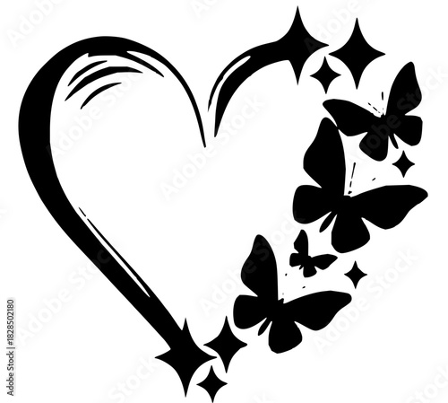 Elegant heart design with fluttering butterflies and sparkling stars, a symbol of love, transformation, and beauty perfect for branding and design projects