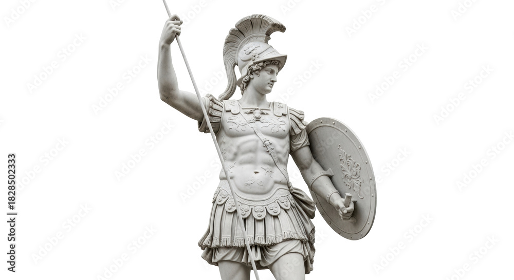 Fototapeta premium Isolated Roman warrior statue with spear and shield preparing for battle ancient art