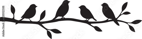 Minimal Tree Branch Silhouette with Perched Birds – Thin Clean Lines, Elegant Bold Black Vector