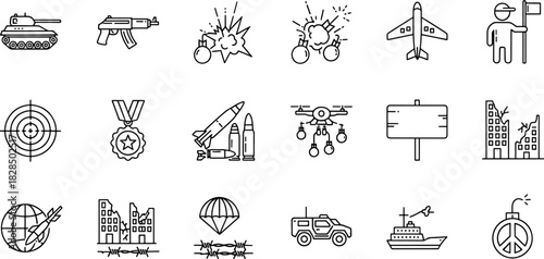 Collection of Military Icons and Symbols Featuring Tanks, Weapons, Explosions, Aircraft, Drones, and War-Torn Buildings