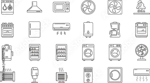 Collection of Household Appliances and Electronic Devices Icons Set Vector Illustration Home Electronics and Kitchenware Symbols