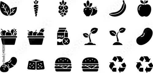 Collection of healthy food icons fruits vegetables and plant growth symbols on white background, vector illustration