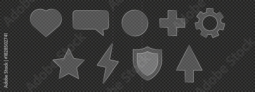 A transparent collection of user-interface icons including a heart, chat bubble, circle, plus sign, gear, star, lightning bolt, shield, and arrow, displayed on a checkered background