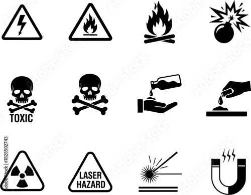 Collection of hazard warning signs and symbols including electrical, fire, toxic, explosion, chemical, laser, radiation, and magnetic warnings