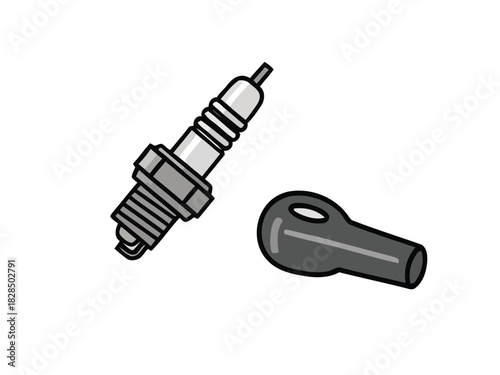 Essential engine ignition components graphic featuring a detailed spark plug and its corresponding protective boot, fundamental for vehicle operation and maintenance