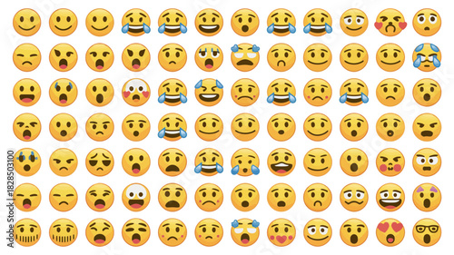 Extensive collection of diverse yellow round emojis displaying a wide spectrum of human emotions, expressions, and reactions, isolated on a white backdrop.
