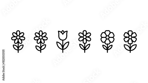 Minimalist line art flower icons set featuring a variety of charming spring blooms, perfect for design projects, web, and decorative elements.
