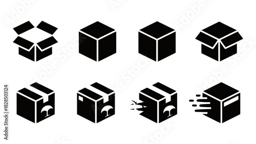 Isometric black silhouette icons of various cardboard boxes depicting shipping, delivery, packaging, storage, logistics, fragile goods, and movement