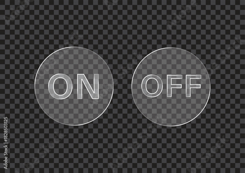 A transparent set of circular ON and OFF button icons displayed on a checkered background, perfect for interface design, UI switches, app controls, toggles, digital dashboards, and modern graphic