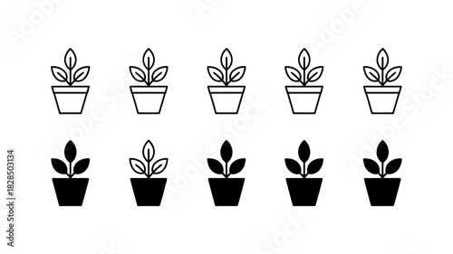 Minimalist potted plant vector icon set in outline and solid styles, depicting growth, nature, and environmental concepts for digital use.