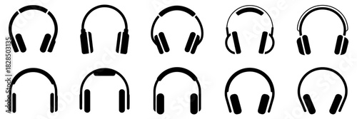 A comprehensive set of modern headphone icons in black, representing diverse audio listening devices for music, communication, entertainment, and digital media.