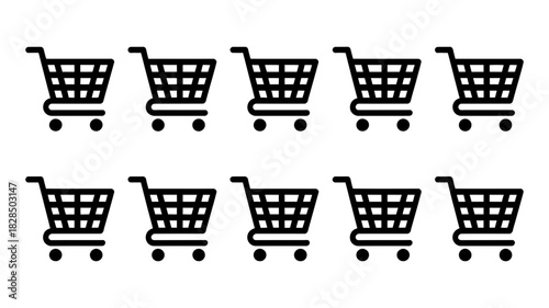 Set of ten minimalist black shopping cart icons, ideal for e-commerce, online store interfaces, retail applications, and digital marketing representations.