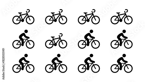 Collection of simple black silhouette bicycle icons and cyclist riding bicycle symbols, representing cycling, sport, transportation, and recreation.