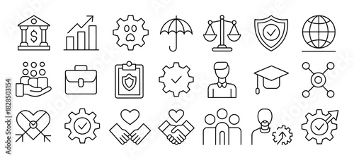 Collection of various business, finance, legal, security, education, and social responsibility line icons. concepts for growth, protection, and management.