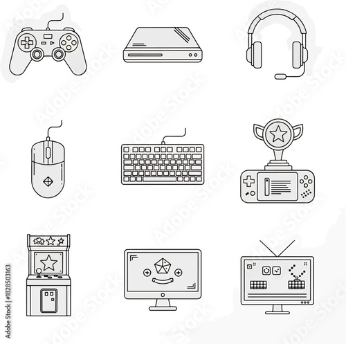 Collection of flat line icons representing video game equipment and accessories for digital art and design