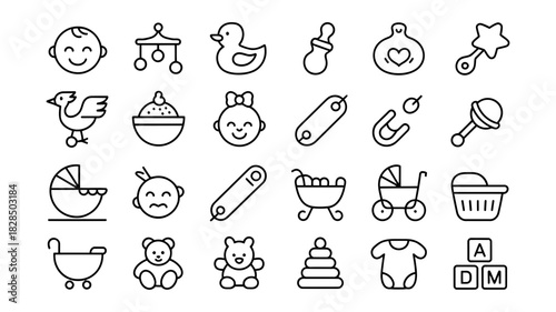 Comprehensive linear icon collection for baby essentials, childcare, and newborn items, including toys, clothing, and nursery elements in a clean outline style.