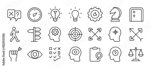 Business strategy, innovation, problem-solving, and decision-making line icons set for management, goal setting, and organizational development.