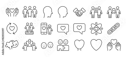 Diverse line icon set illustrating human connections, love, relationships, social interaction, communication, teamwork, and community concepts.