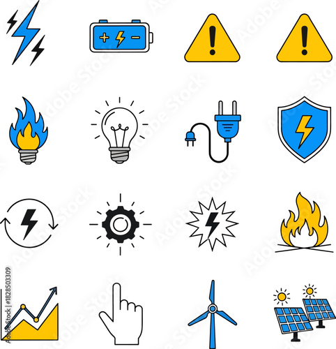 Collection of electrical energy icons symbolizing power, technology, renewable resources, and safety precautions