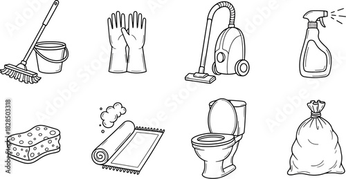 Collection of eight black and white icons representing cleaning supplies and tools for home hygiene and sanitation tasks
