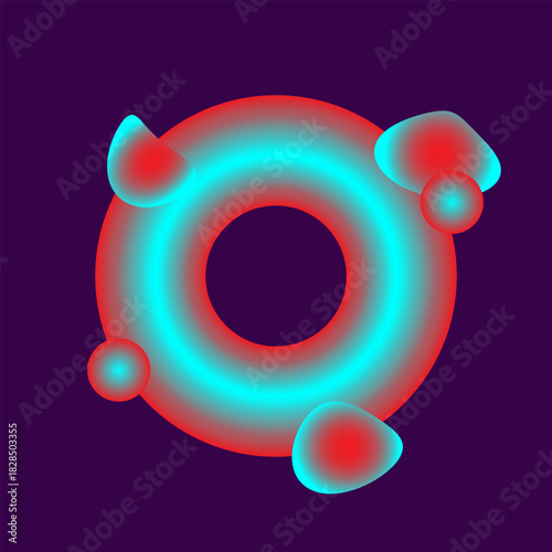 Neon abstract ring with fluid blob elements on dark purple background
