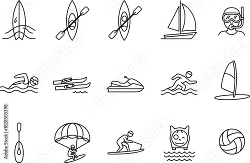 Collection of diverse water sports and outdoor recreation icons including surfing kayaking sailing swimming jet skiing and volleyball