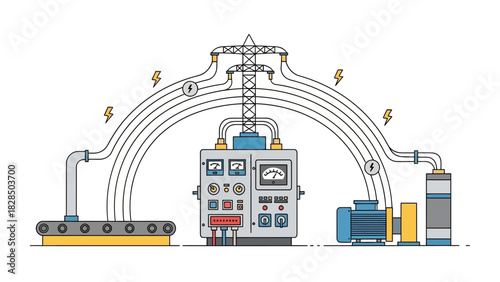 Thin line vector art illustrating an industrial power station and control panel distributing electricity to factory machinery and a conveyor belt