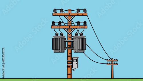 Power Distribution Network Electrical Grid with Transformers & Utility Pole