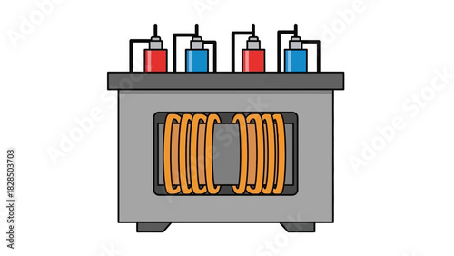 Electrical transformer illustration with copper windings and connected terminals, symbolizing energy conversion and power regulation for technology and scientific applications