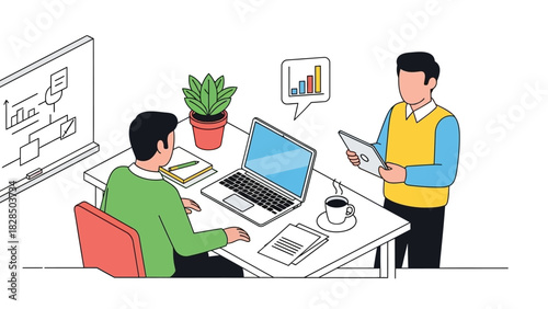 Two professionals collaborating on a project using technology and data visualization in an office setting