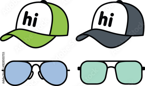 Cartoon Baseball Cap and Sunglasses Vector Set Featuring Trucker Hat Style, Aviator Glasses, and Square Frames with Bold Outline and Colorful Lenses.