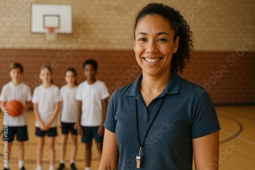 A cheerful coach stands with her team in the gymnasium, ready for practice.