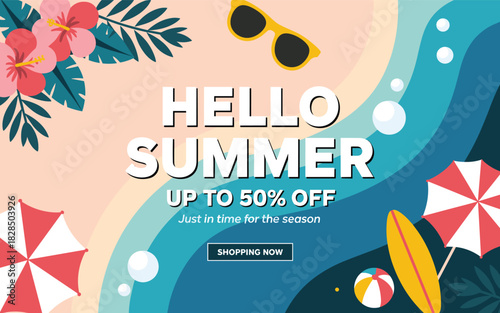 Hello Summer beach sale with hibiscus flowers and surfboard