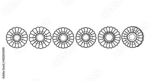 Six stylized circular patterns resembling pineapple slices in a row