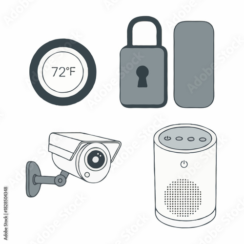 Smart home technology showcasing thermostat and camera for connected living. Ideal for technology, home automation, and lifestylerelated designs.