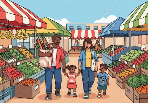 A family enjoys a sunny day at a vibrant outdoor farmers market, purchasing fresh produce.