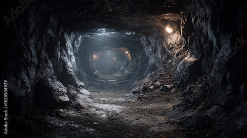 Dark underground tunnel illuminated by soft lights in a rocky cave