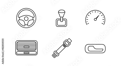 Minimalist car interior icons featuring steering wheel, gear shift, and speedometer