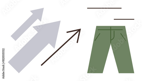 Upward-moving gray and black arrows beside green pants symbolizing improvement, success, and focus. Ideal for growth, development, fashion, progress, achievement, goal-setting and minimalistic