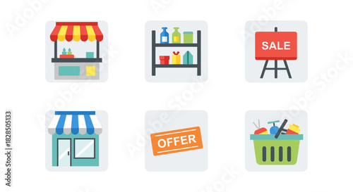 Colorful icons of shopping elements featuring retail and market themes