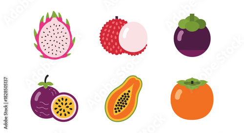 Colorful tropical fruit icons set showcasing exotic flavors and vibrant designs