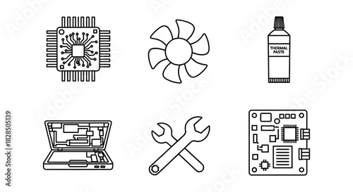 Essential computer maintenance tools outline: circuit boards, fans, and more