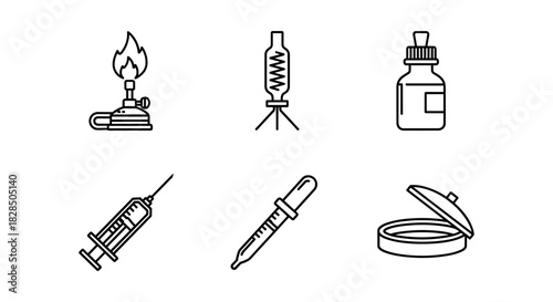 Laboratory equipment icons: bunsen burner, syringe, petri dish, linear design