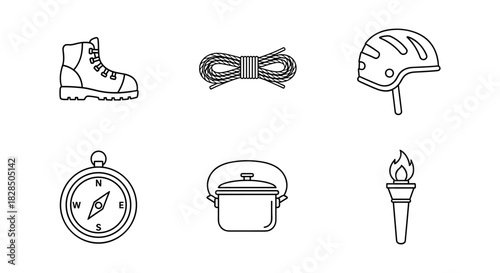Outdoor adventure essentials: hiking, climbing, and camping gear icons in linear style
