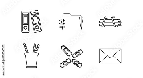 Office supplies icons: minimalist linear designs of files, folders, and stationery